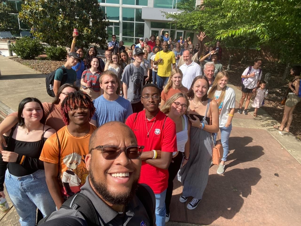  Students in orientation pose for a selfie on ChattState campus.